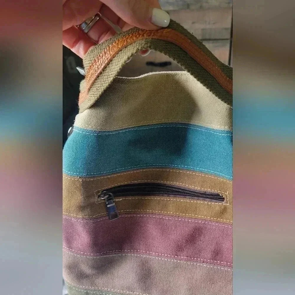 Women's Shoulder Bag , Canvas Cross Body, Durable Multi Color Striped Tote - Picture 3 of 7